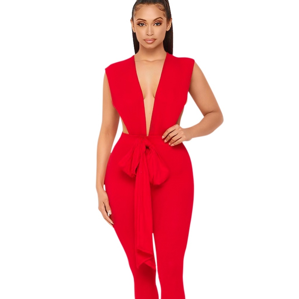 Red Geometric Cut Out Jumpsuit